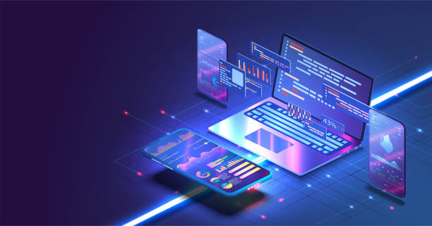 Application of Smartphone with business graph and analytics data on isometric mobile phone. Analysis trends and software development coding process concept.